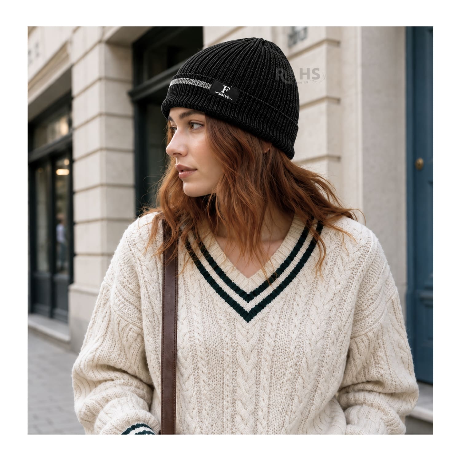 GORRO TEJIDO POLIÉSTER JASPEADO CON RAYA DECORATIVA PARA INVIERNO COLOR NEGRO - 7