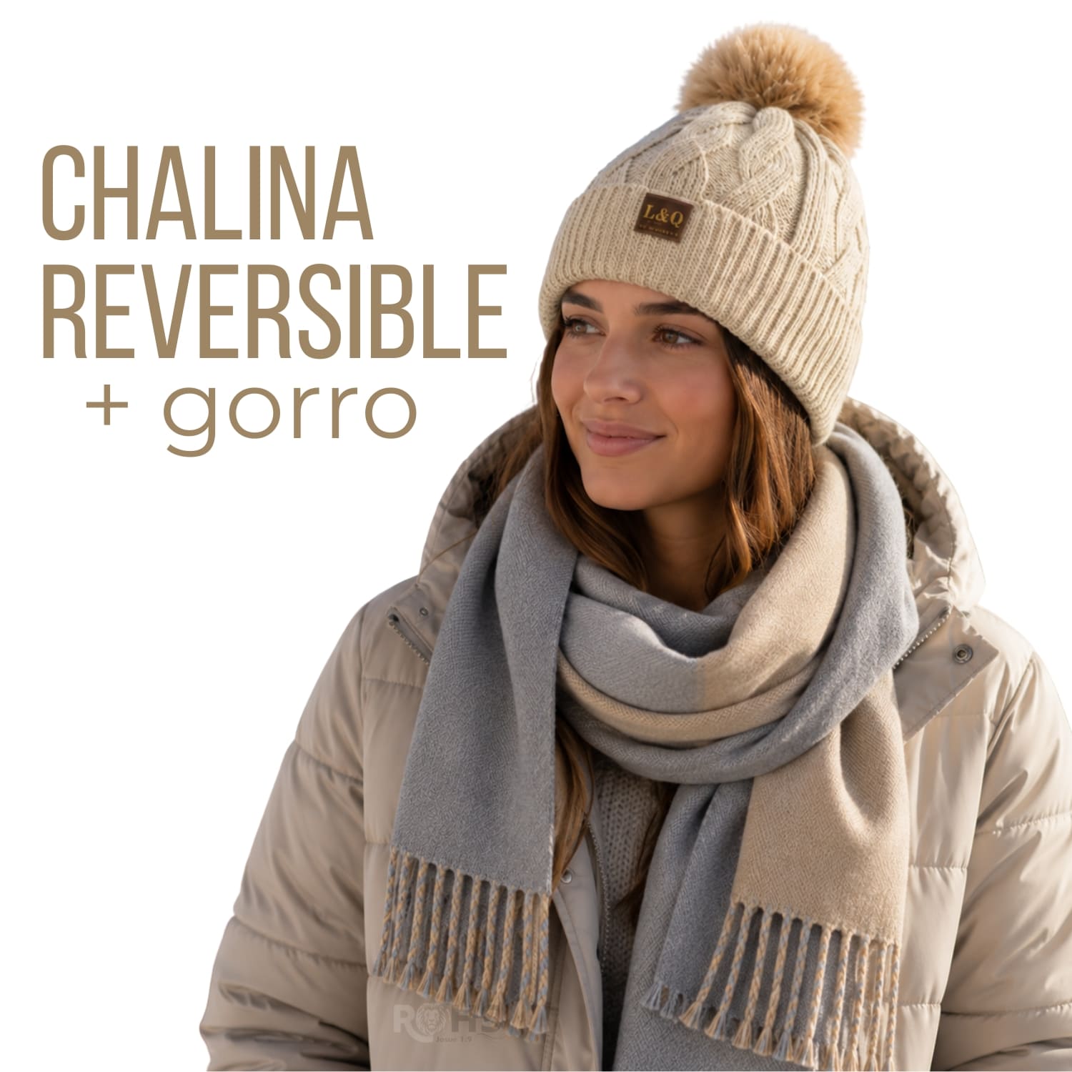 DÚO CHALINA REVERSIBLE TONO BEIGE Y GRIS CLARO Y GORRO TEJIDO CON POMPÓN TONO BEIGE CLARO - 1