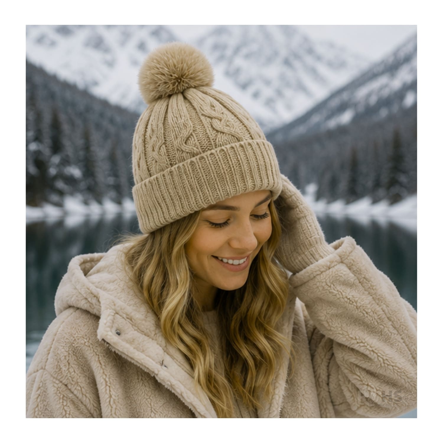 DÚO CHALINA REVERSIBLE TONO BEIGE Y AZUL CLARO Y GORRO TEJIDO CON POMPÓN TONO BEIGE - 4