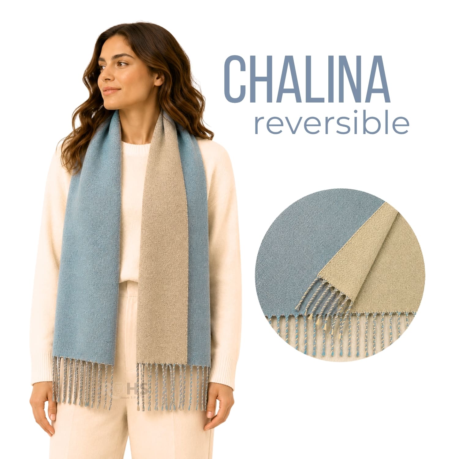 CHALINA REVERSIBLE TEJIDA TONO BEIGE Y AZUL CLARO CON FLECOS  196 X 69 CM - 1