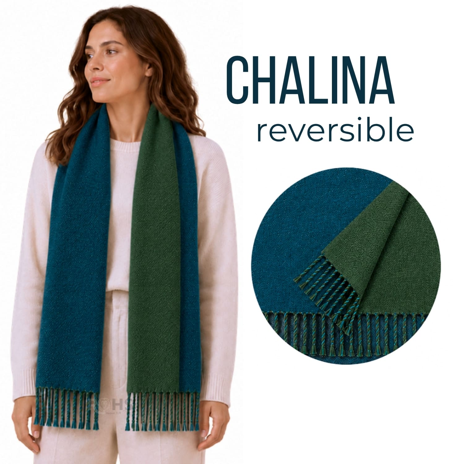 CHALINA REVERSIBLE TEJIDA TONO VERDE OSCURO Y AZUL PETRÓLEO CON FLECOS  196 X 69 CM - 1