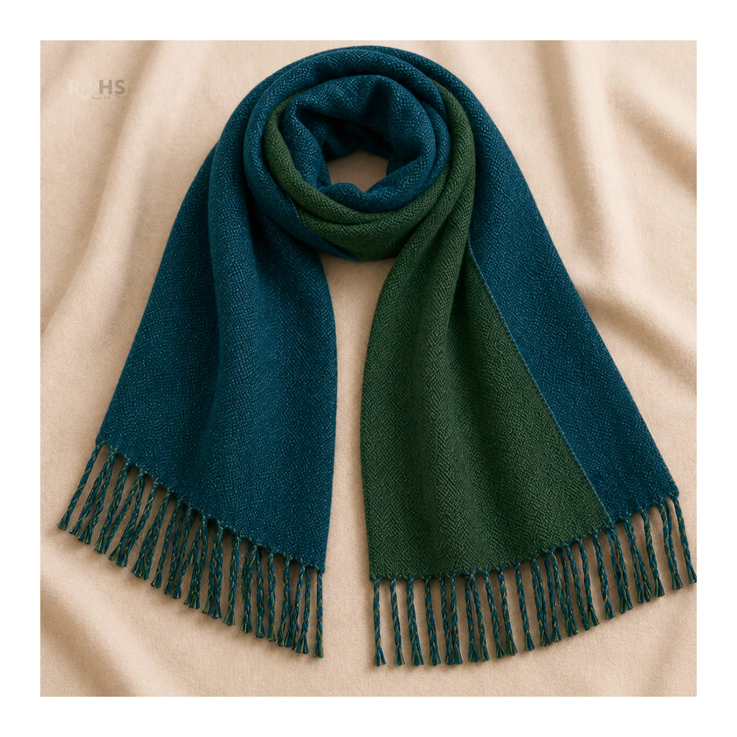 CHALINA REVERSIBLE TEJIDA TONO VERDE OSCURO Y AZUL PETRÓLEO CON FLECOS  196 X 69 CM - 3