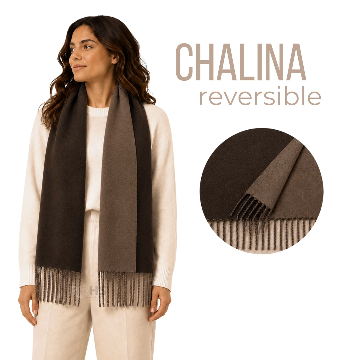 CHALINA REVERSIBLE TEJIDA TONO MARRÓN Y MARRÓN CLARO CON FLECOS  196 X 69 CM - 1