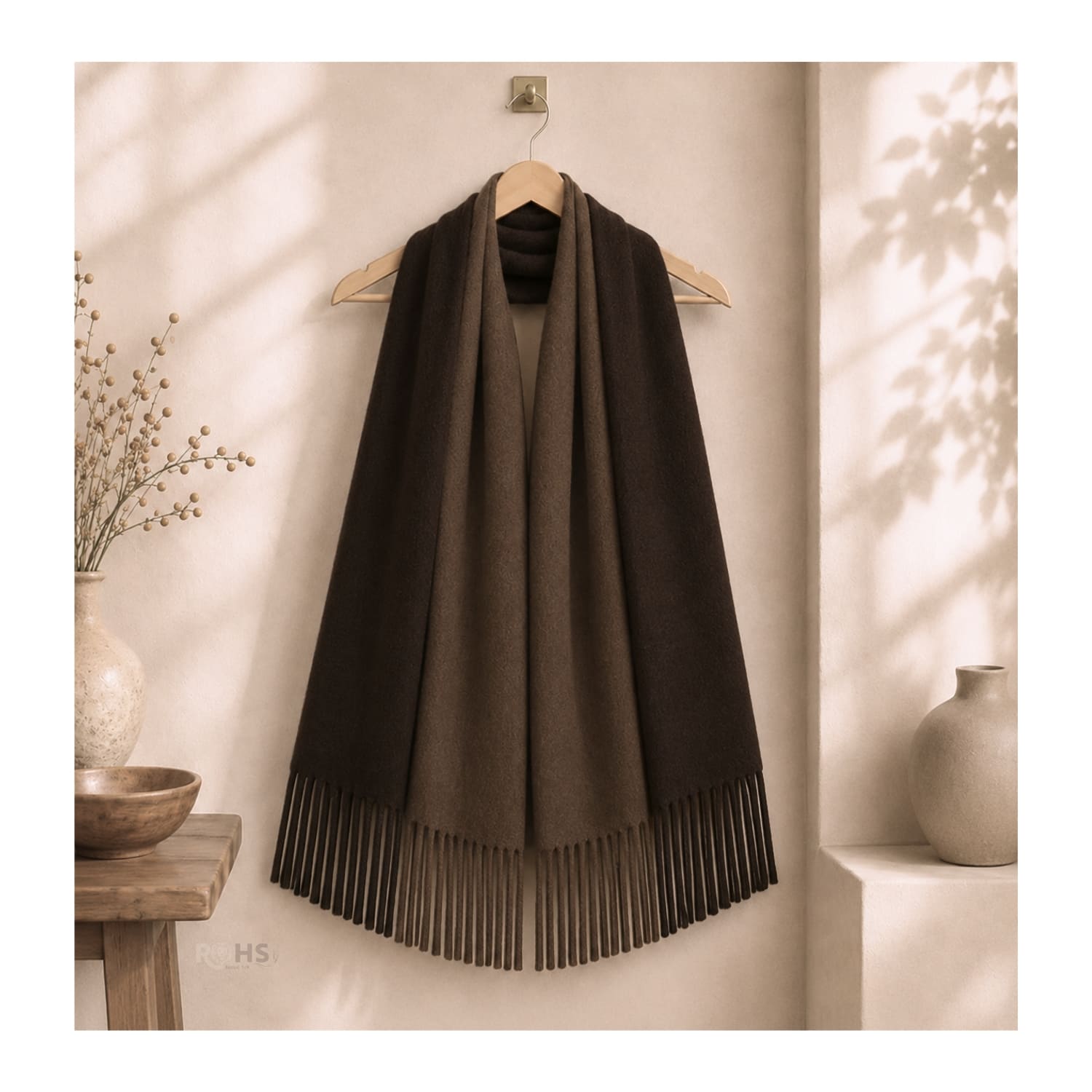 CHALINA REVERSIBLE TEJIDA TONO MARRÓN Y MARRÓN CLARO CON FLECOS  196 X 69 CM - 6