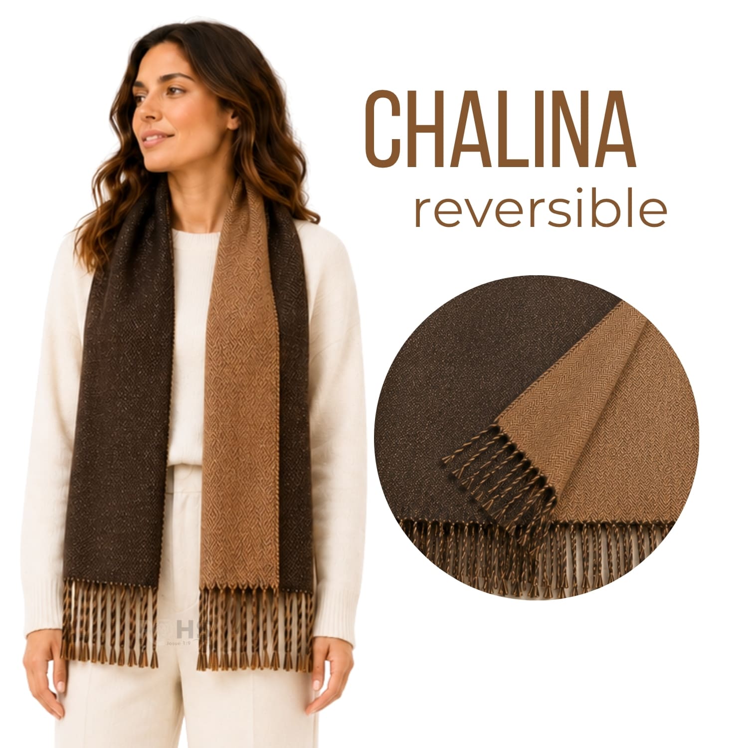 CHALINA REVERSIBLE TEJIDA TONO MARRÓN Y CAMEL CON FLECOS  196 X 69 CM - 1