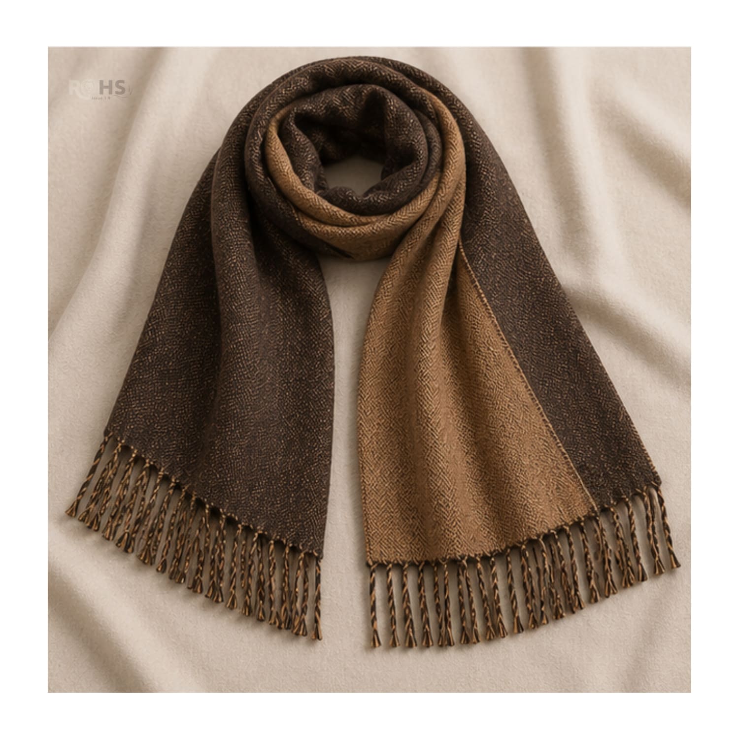 CHALINA REVERSIBLE TEJIDA TONO MARRÓN Y CAMEL CON FLECOS  196 X 69 CM - 3