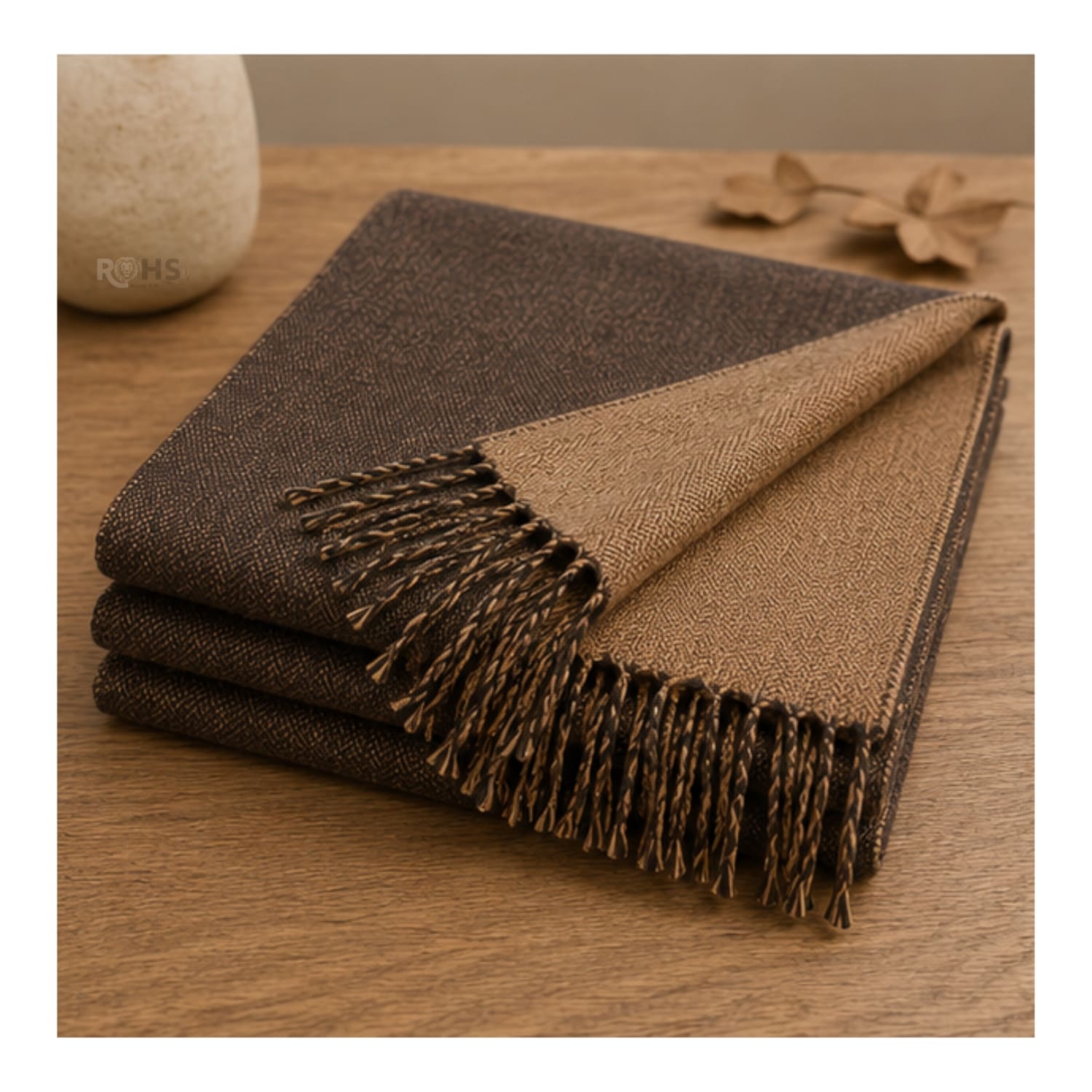 CHALINA REVERSIBLE TEJIDA TONO MARRÓN Y CAMEL CON FLECOS  196 X 69 CM - 4