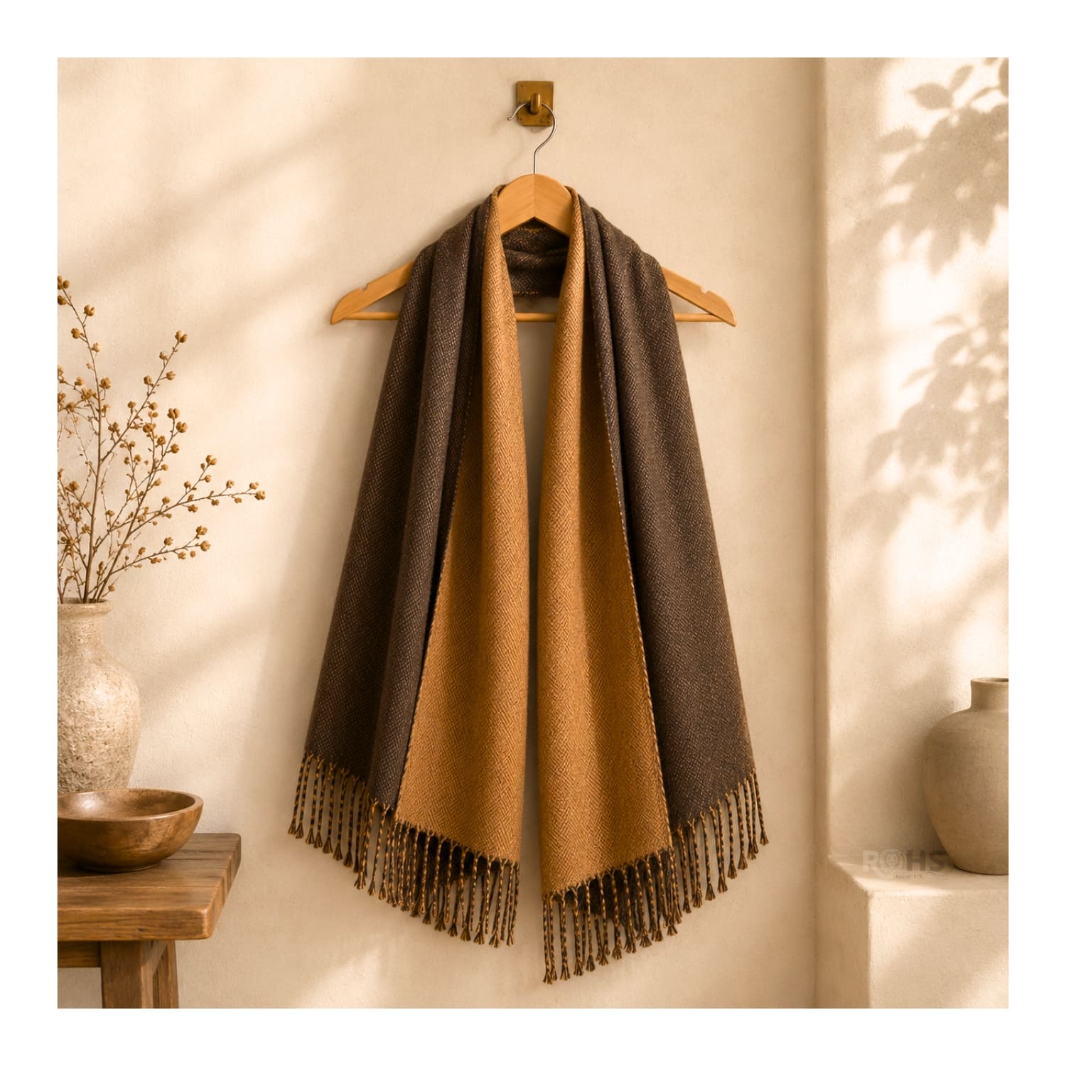 CHALINA REVERSIBLE TEJIDA TONO MARRÓN Y CAMEL CON FLECOS  196 X 69 CM - 6