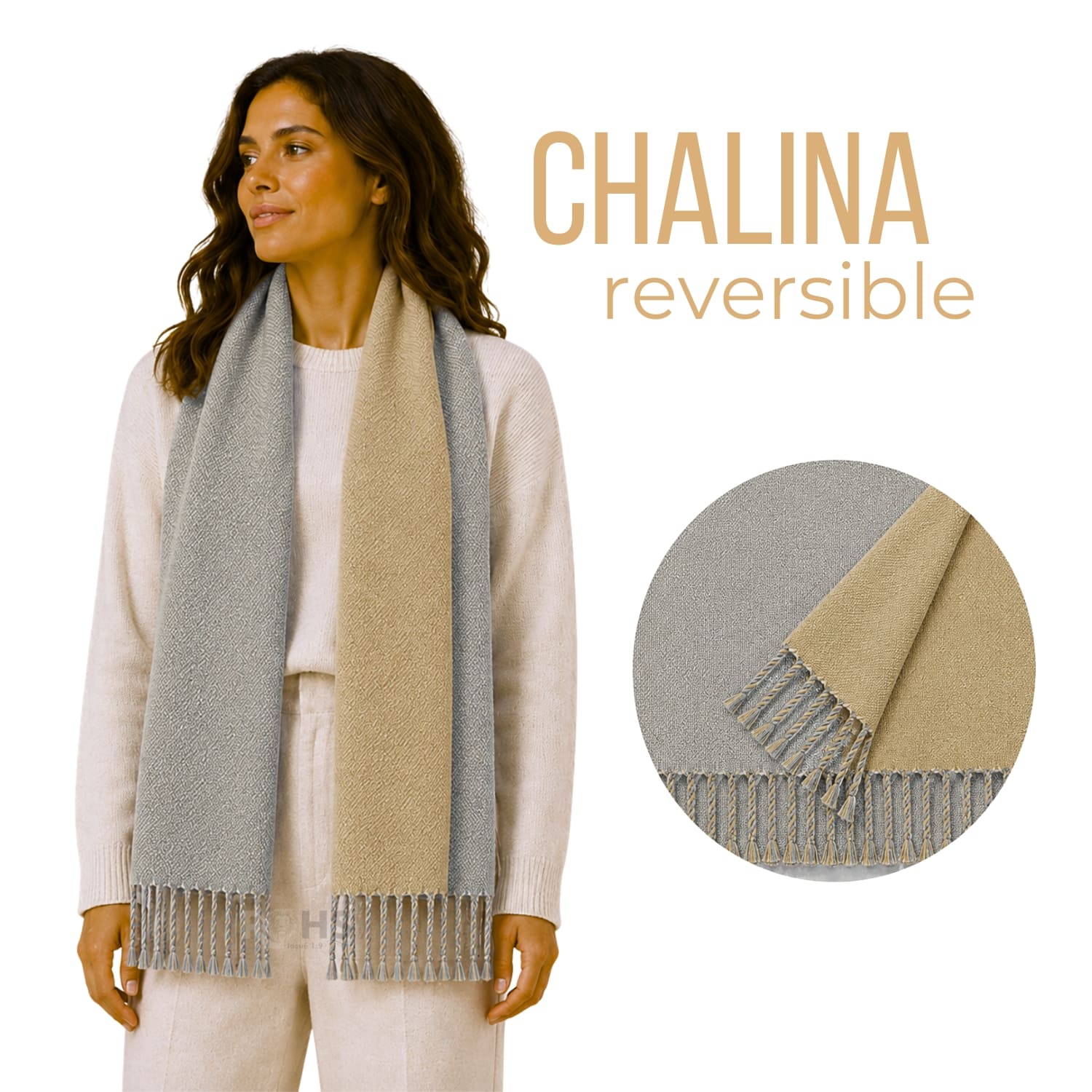 CHALINA REVERSIBLE TEJIDA TONO BEIGE Y GRIS CLARO CON FLECOS 196 X 69 CM - 1