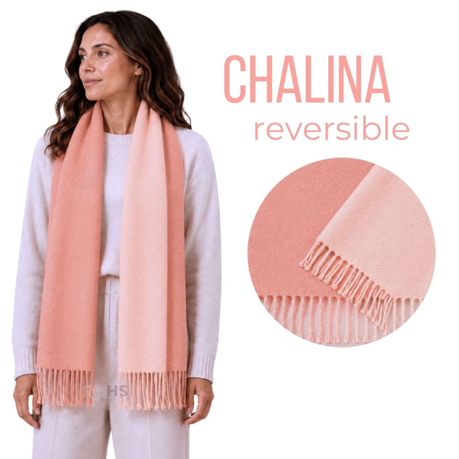 CHALINA REVERSIBLE TEJIDA TONO ROSADO Y ROSADO BEBÉ CON FLECOS 196 X 69 CM - 1