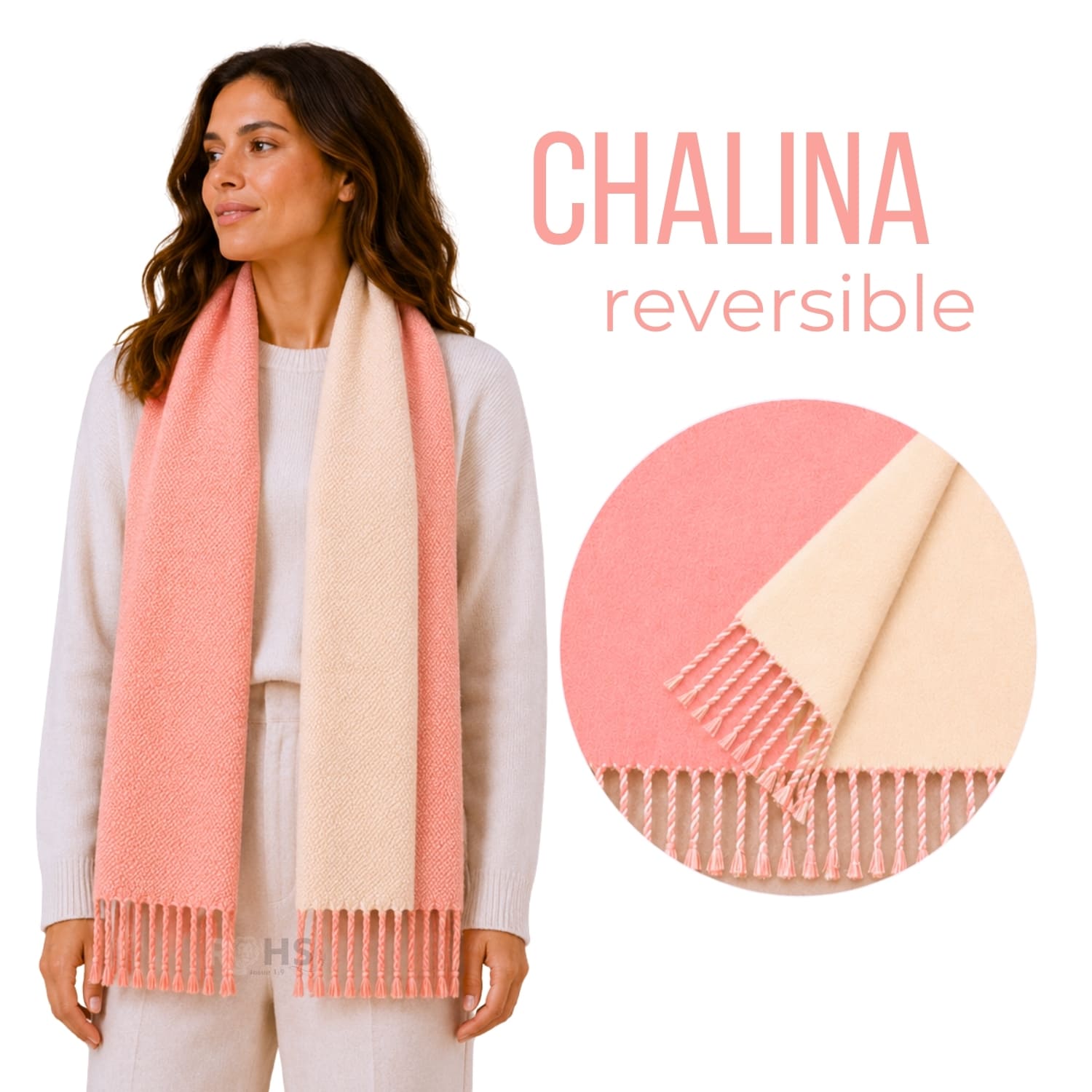 CHALINA REVERSIBLE TEJIDA TONO ROSADO Y CREMA CON FLECOS 196 X 69 CM - 1