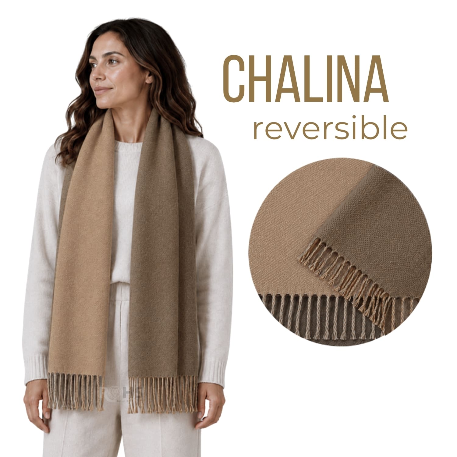 CHALINA REVERSIBLE TEJIDA TONO MARRÓN Y CAFÉ CLARO CON FLECOS  196 X 69 CM - 1