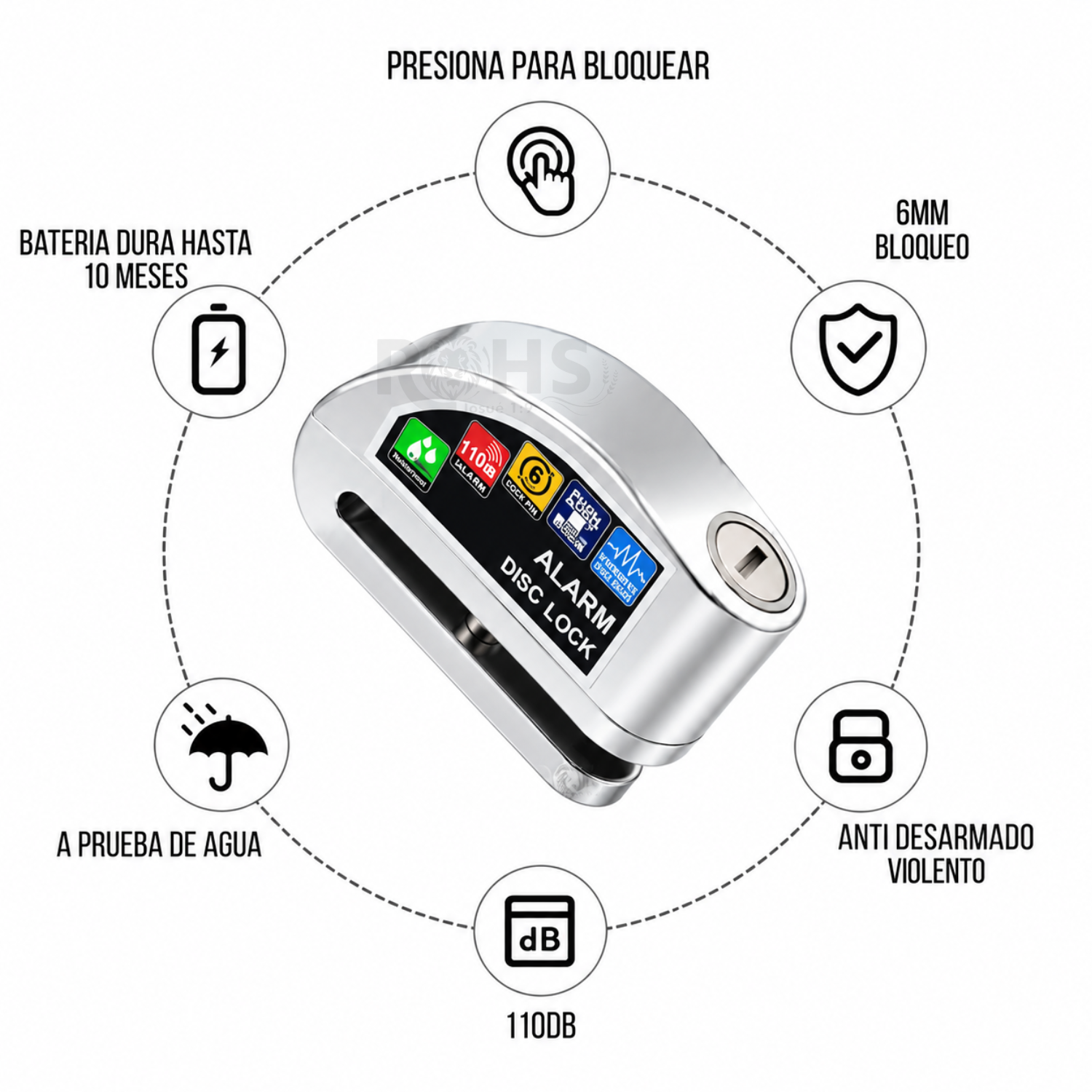 CANDADO ANTIRROBO PARA DISCO DE MOTO CON ALARMA 110DB - 4