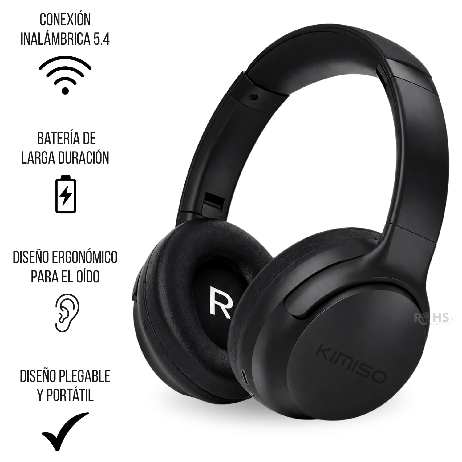 AUDÍFONOS BLUETOOTH KIMISO NEGRO PLEGABLES RECARGABLES CON BLUETOOTH Y DISEÑO ERGONÓMICO - 4