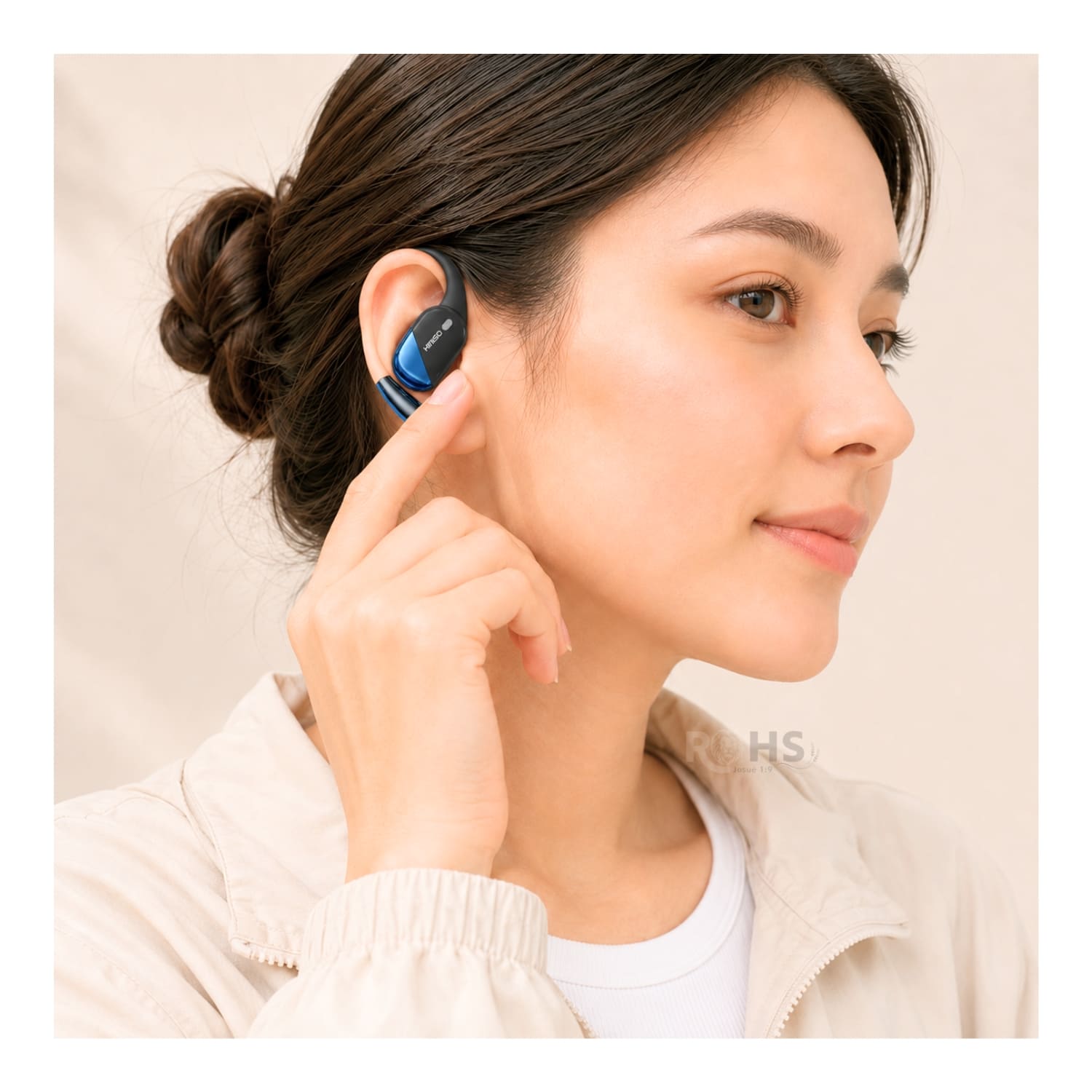 AUDÍFONOS BLUETOOTH KIMISO CON GANCHO PARA OREJA Y ESTUCHE RECARGABLE COLOR AZUL - 1