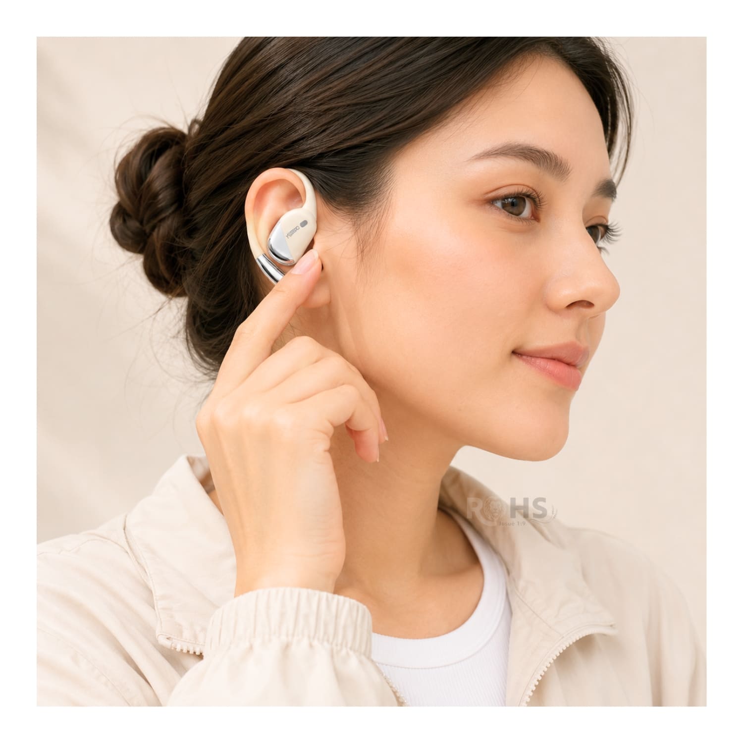 AUDÍFONOS BLUETOOTH KIMISO CON GANCHO PARA OREJA Y ESTUCHE RECARGABLE COLOR BLANCO - 1