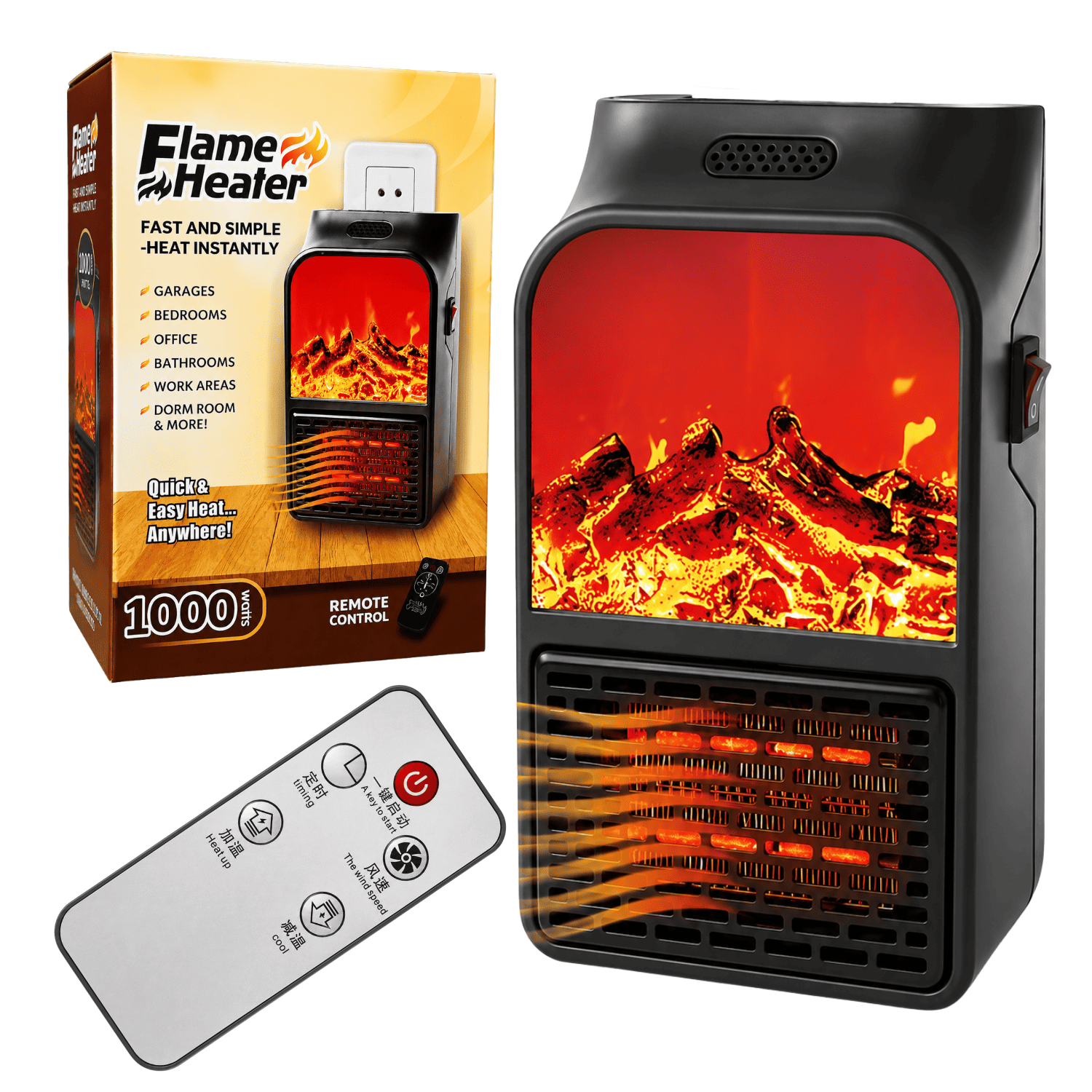 CALENTADOR ELÉCTRICO FLAME HEATER 1000W CON CONTROL REMOTO Y EFECTO CHIMENEA - 6