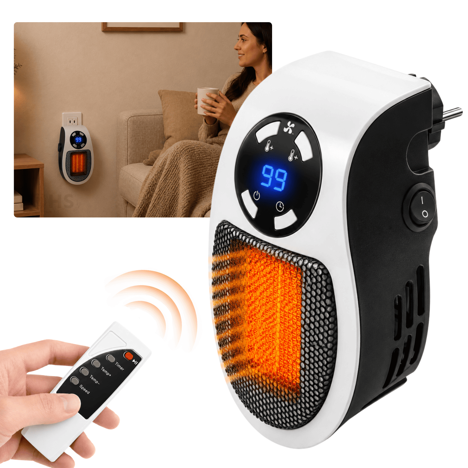 CALENTADOR ELÉCTRICO PORTÁTIL 500W CON PANTALLA DIGITAL CONTROL REMOTO Y TEMPORIZADOR - 1