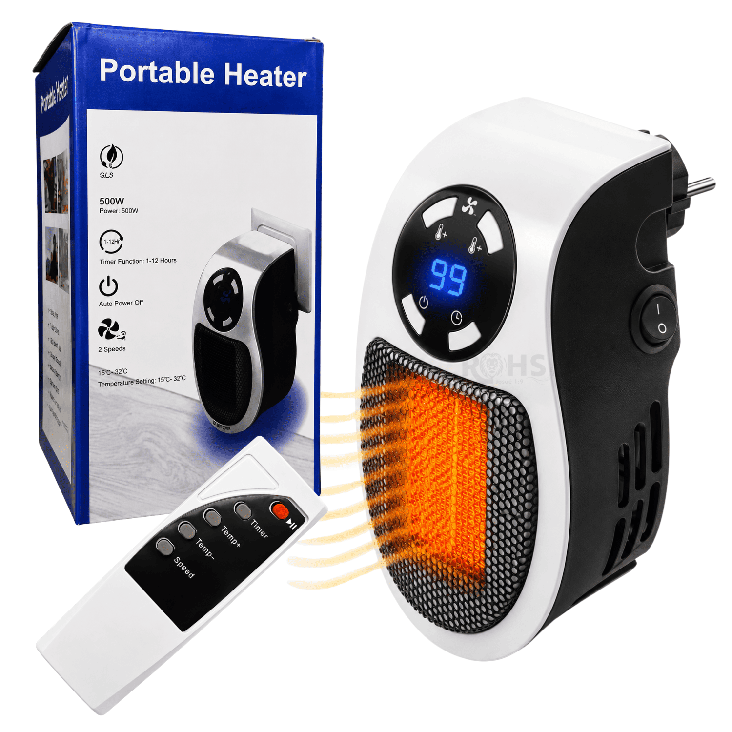 CALENTADOR ELÉCTRICO PORTÁTIL 500W CON PANTALLA DIGITAL CONTROL REMOTO Y TEMPORIZADOR - 6