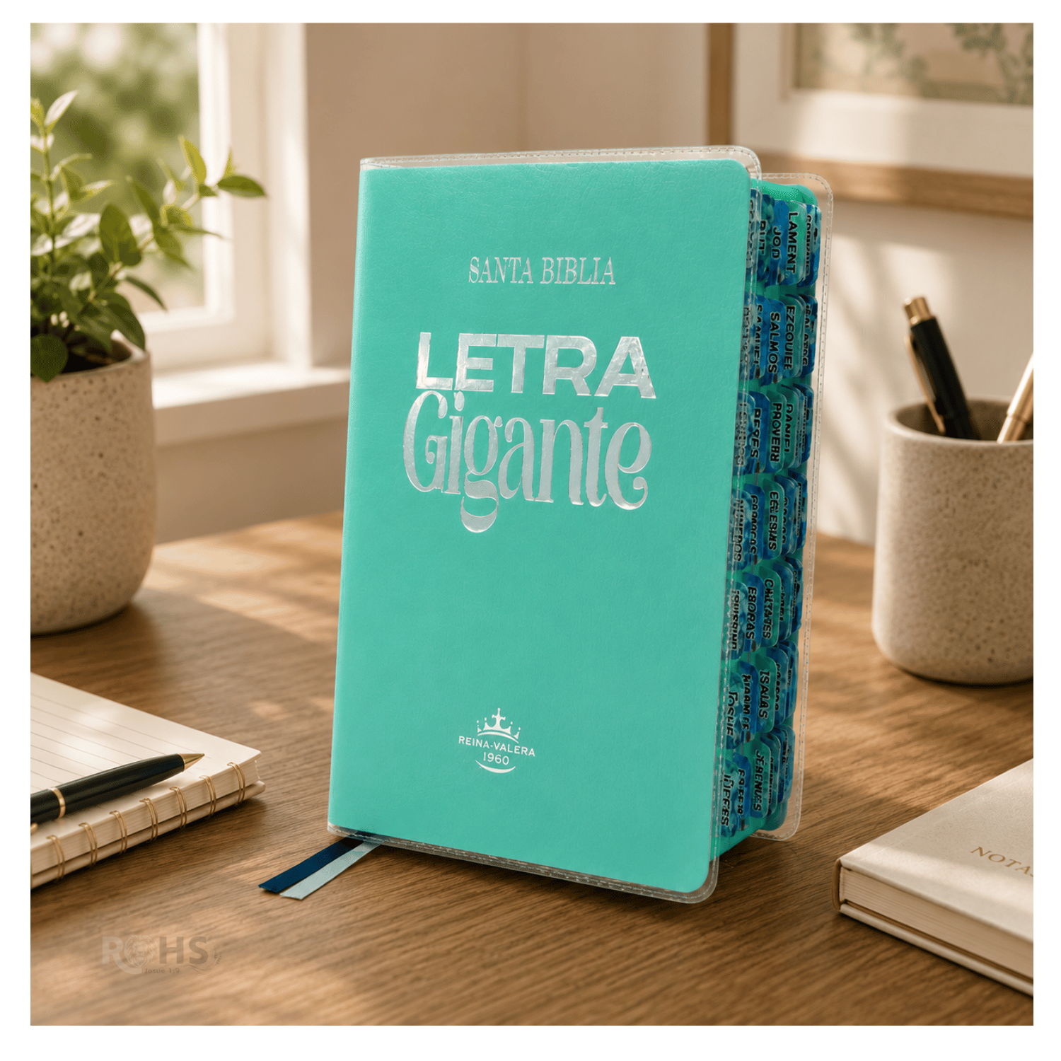 BIBLIA REINA VALERA 1960 - LETRA GIGANTE - 14 PUNTOS - COLOR VERDE MENTA CON FORRO TRANSPARENTE Y TABS - 1