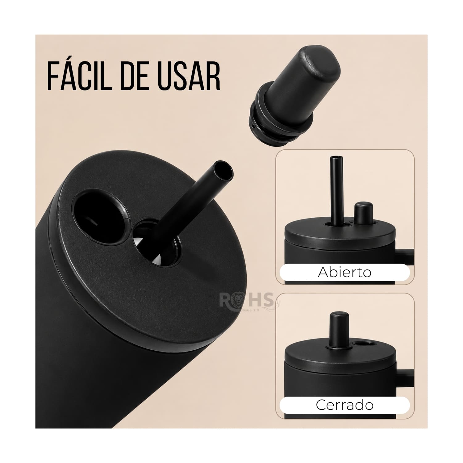VASO TÉRMICO NEGRO DE ACERO INOXIDABLE CON ASA, SORBETE E INFUSOR - 4