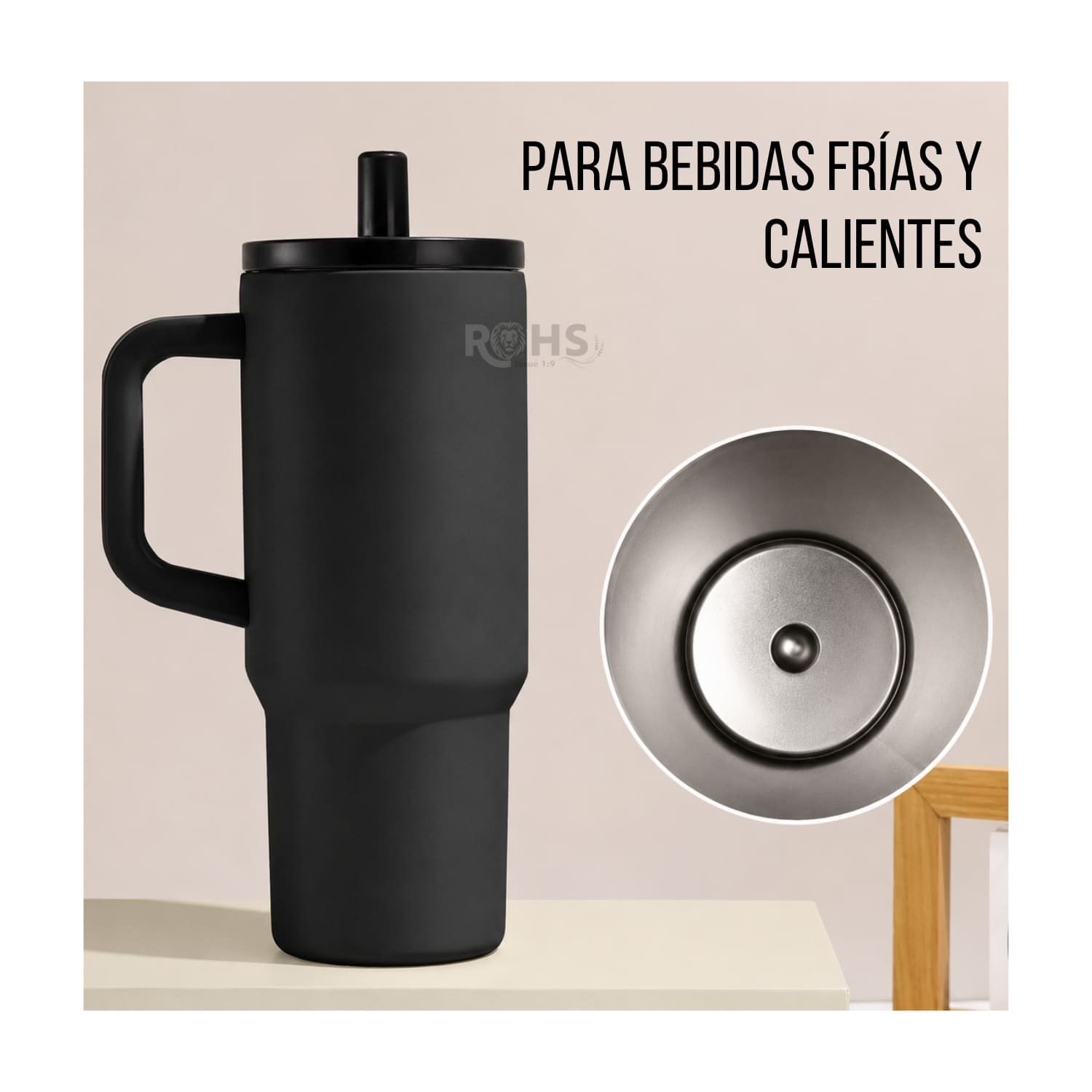 VASO TÉRMICO NEGRO DE ACERO INOXIDABLE CON ASA, SORBETE E INFUSOR - 5