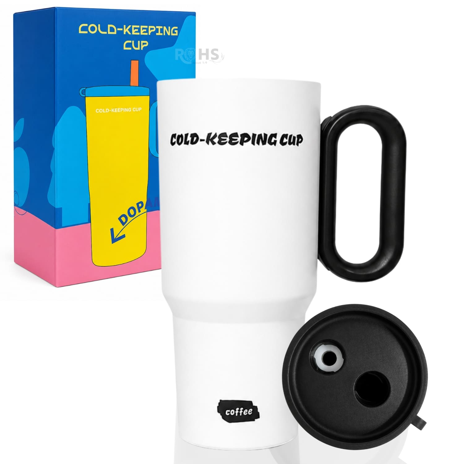 VASO TÉRMICO BLANCO DE ACERO INOXIDABLE CON ASA, SORBETE E INFUSOR - 1
