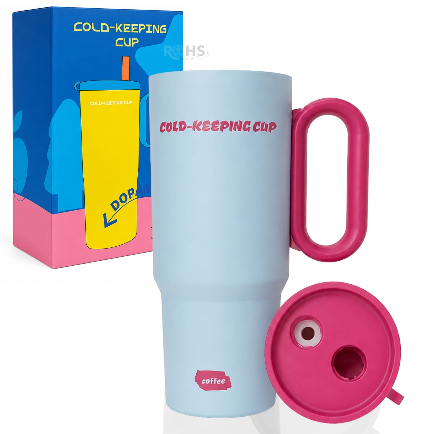 VASO TÉRMICO CELESTE Y ROSA DE ACERO INOXIDABLE CON ASA, SORBETE E INFUSOR - 1