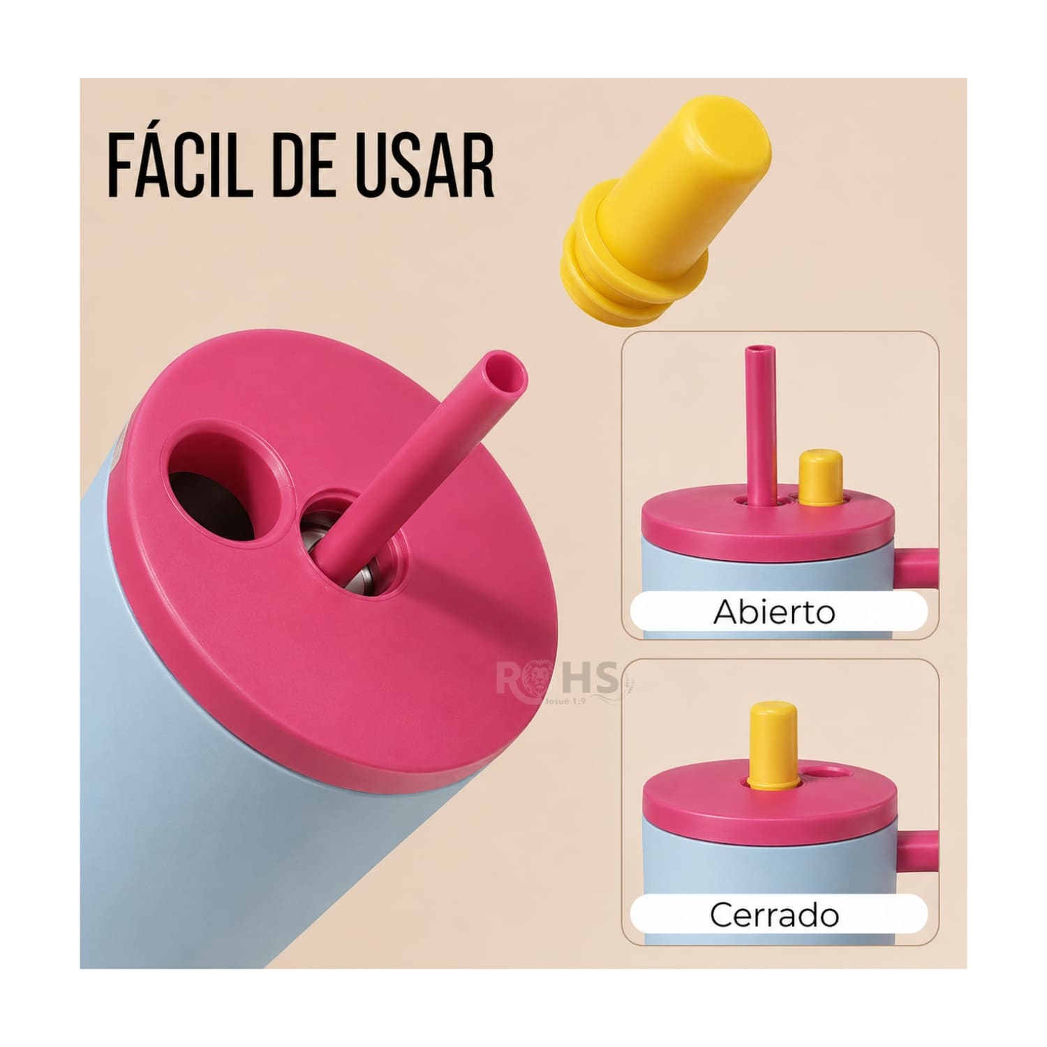 VASO TÉRMICO CELESTE Y ROSA DE ACERO INOXIDABLE CON ASA, SORBETE E INFUSOR - 2