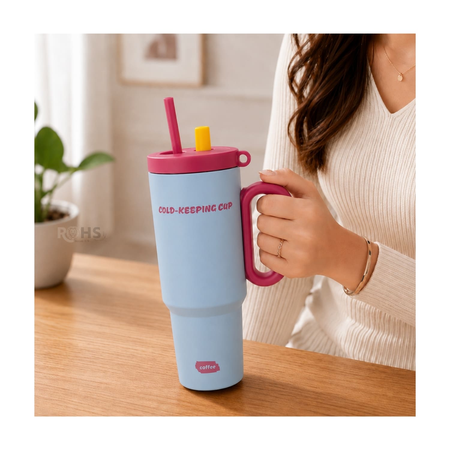 VASO TÉRMICO CELESTE Y ROSA DE ACERO INOXIDABLE CON ASA, SORBETE E INFUSOR - 5