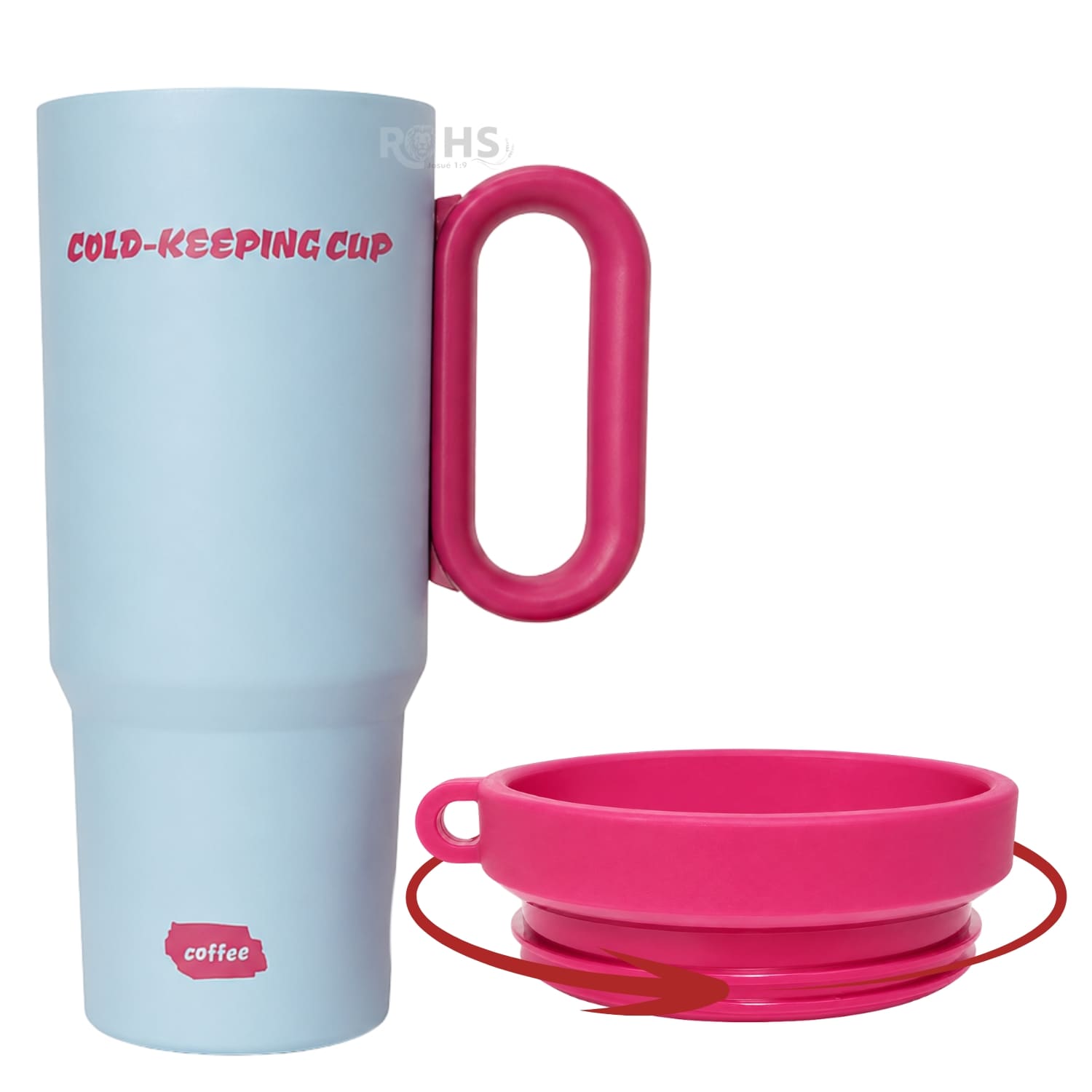 VASO TÉRMICO CELESTE Y ROSA DE ACERO INOXIDABLE CON ASA, SORBETE E INFUSOR - 6
