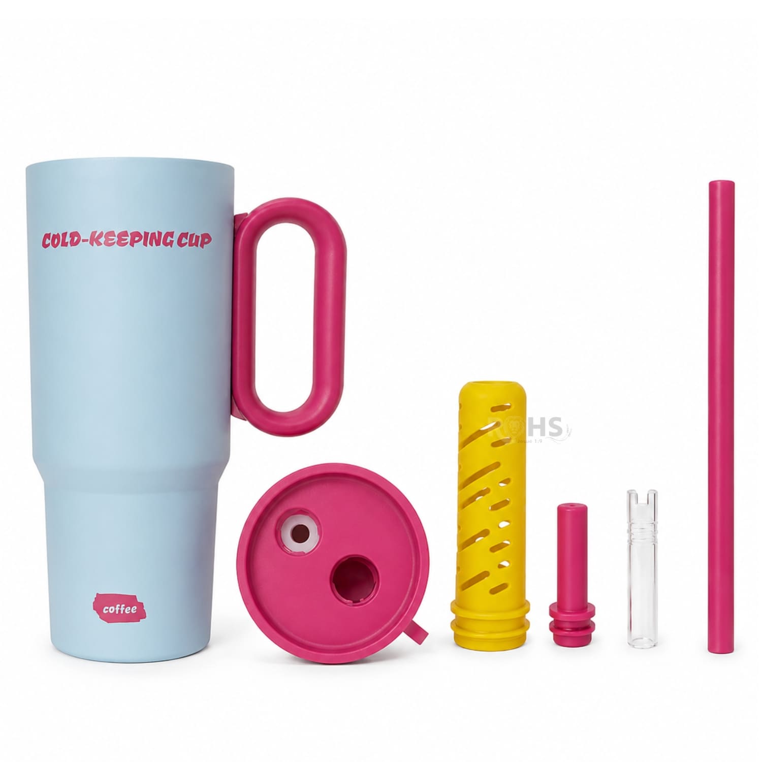 VASO TÉRMICO CELESTE Y ROSA DE ACERO INOXIDABLE CON ASA, SORBETE E INFUSOR - 7