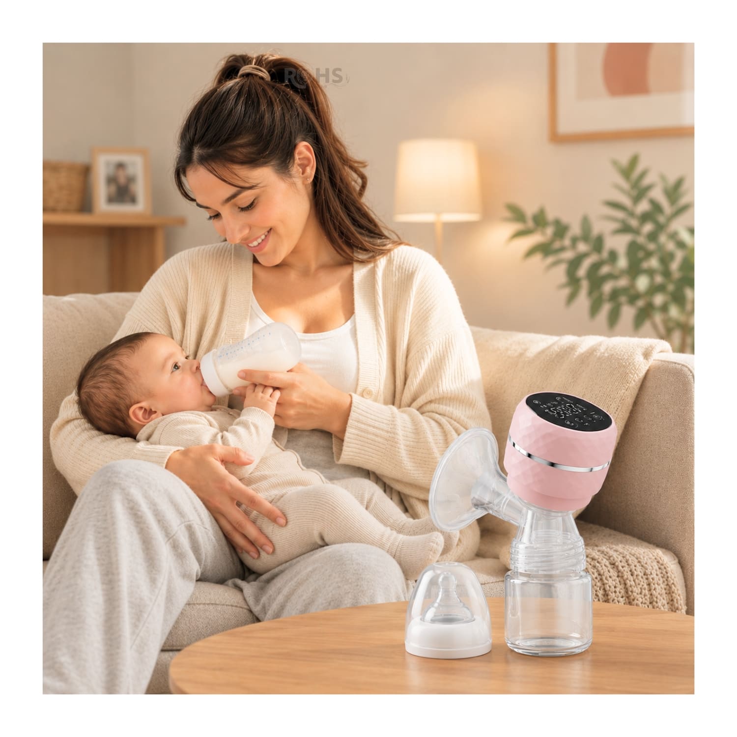 EXTRACTOR DE LECHE ELÉCTRICO RECARGABLE COLOR ROSA CON PANTALLA LED Y BIBERÓN - 1