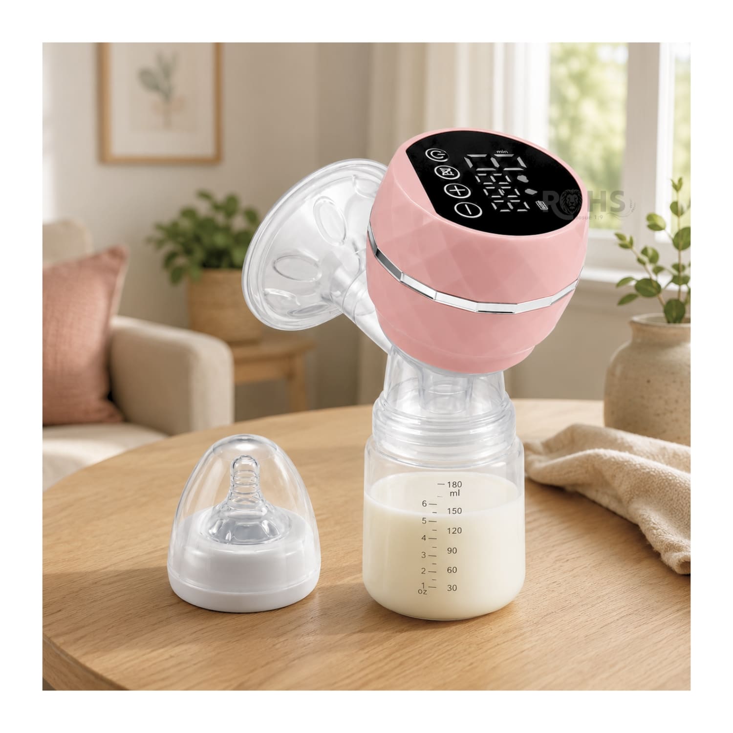 EXTRACTOR DE LECHE ELÉCTRICO RECARGABLE COLOR ROSA CON PANTALLA LED Y BIBERÓN - 3