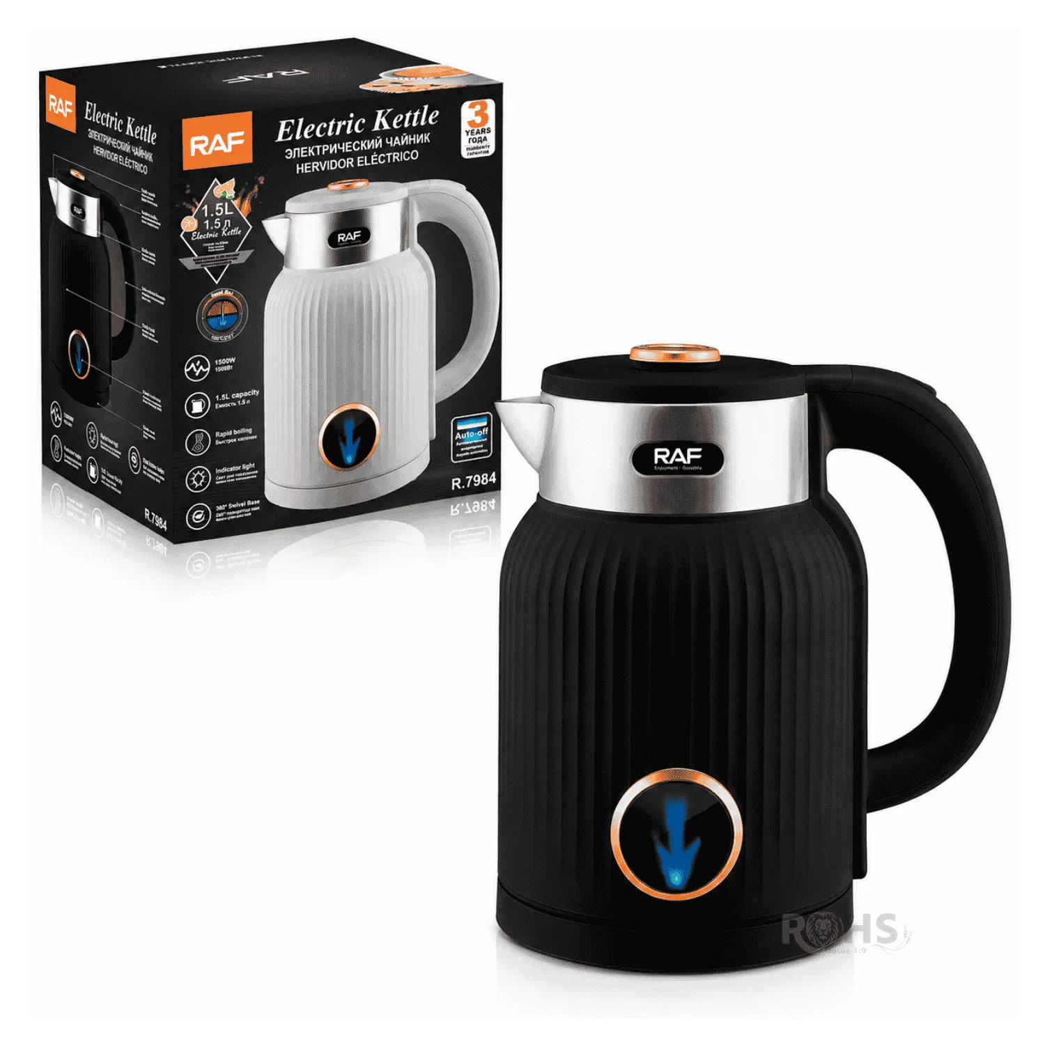 HERVIDOR ELÉCTRICO RAF R.7984 1.5L 1500W CON APAGADO AUTOMÁTICO Y BASE GIRATORIA 360° NEGRO - 3