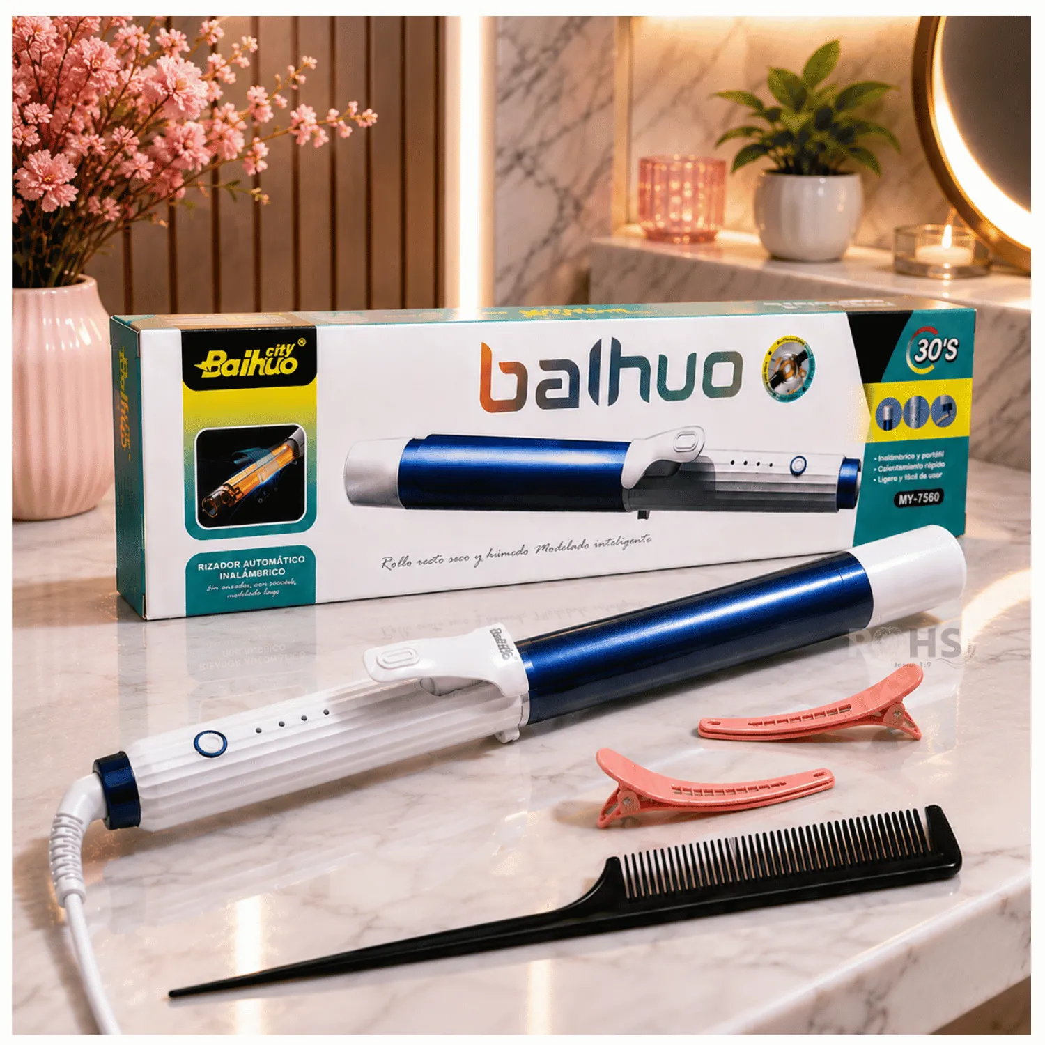 RIZADOR PORTÁTIL INALÁMBRICO BAIHUO MY-7560 CERÁMICO + ACCESORIOS - CALENTAMIENTO RÁPIDO - 1