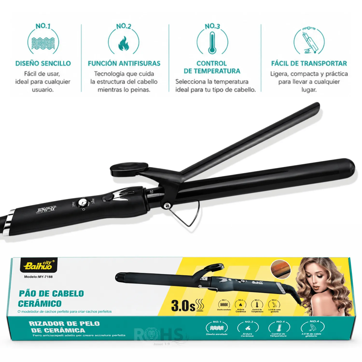 RIZADOR Y ONDULADOR DE CABELLO BAIHUO CITY MY-7188 - CERÁMICO, TEMPERATURA AJUSTABLE, NEGRO - 3