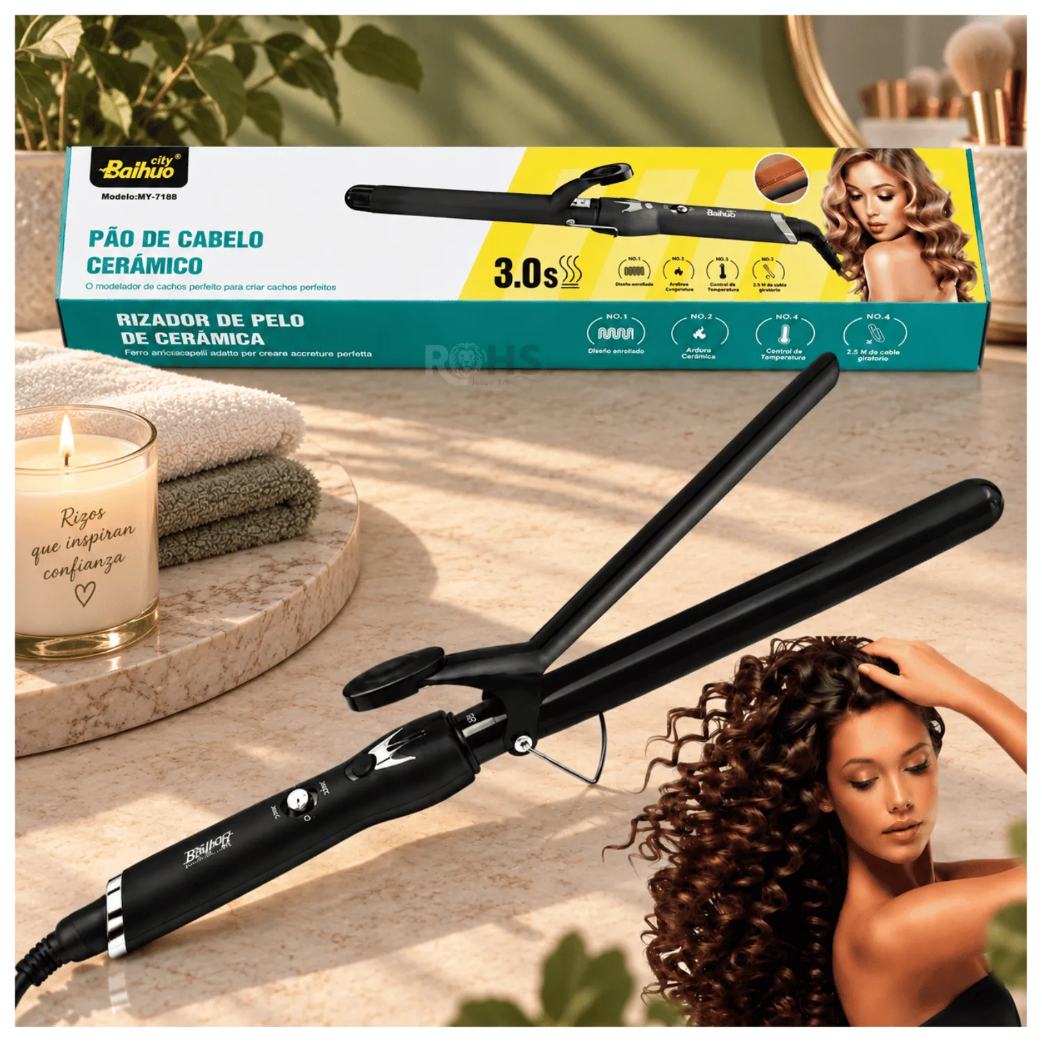 RIZADOR DE CABELLO BAIHUO CITY MY-7188 - CERÁMICO, TEMPERATURA AJUSTABLE, NEGRO - 1