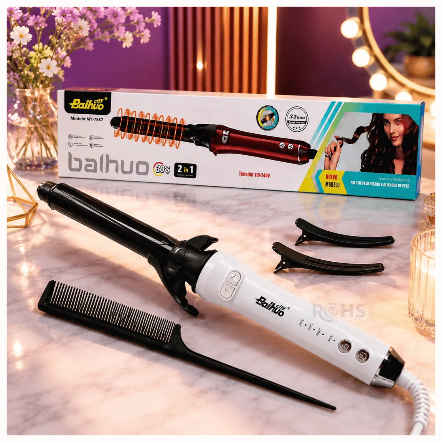 RIZADOR Y ALISADOR DE CABELLO 2 EN 1 BAIHUO CITY MY-7887 - DISEÑO BLANCO Y CERÁMICO - 1