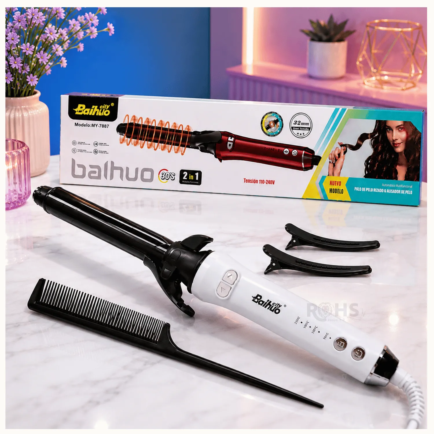 RIZADOR Y ALISADOR DE CABELLO 2 EN 1 BAIHUO CITY MY-7887 - BLANCO, FÁCIL Y VERSÁTIL - 1