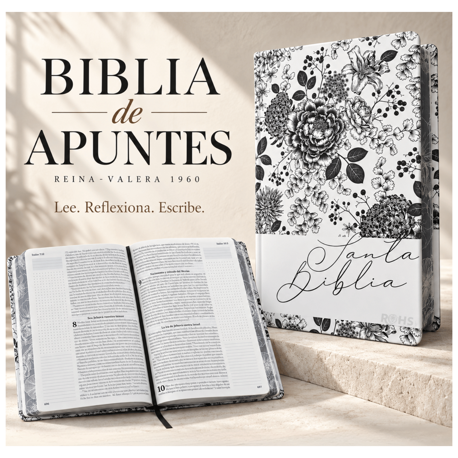 BIBLIA DE APUNTES REINA VALERA 1960 - TAPA DURA DISEÑO FLORAL BLANCO Y NEGRO CON MARGEN AMPLIO - 1