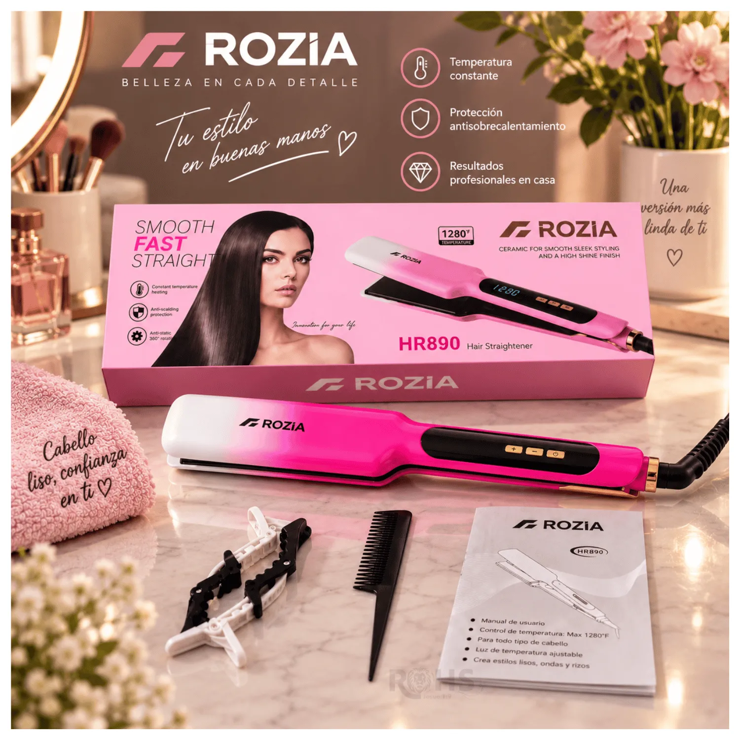 PLANCHA LACEADORA Y ALISADORA DE CABELLO ROZIA HR-890 – PROFESIONAL Y EFICIENTE - 1
