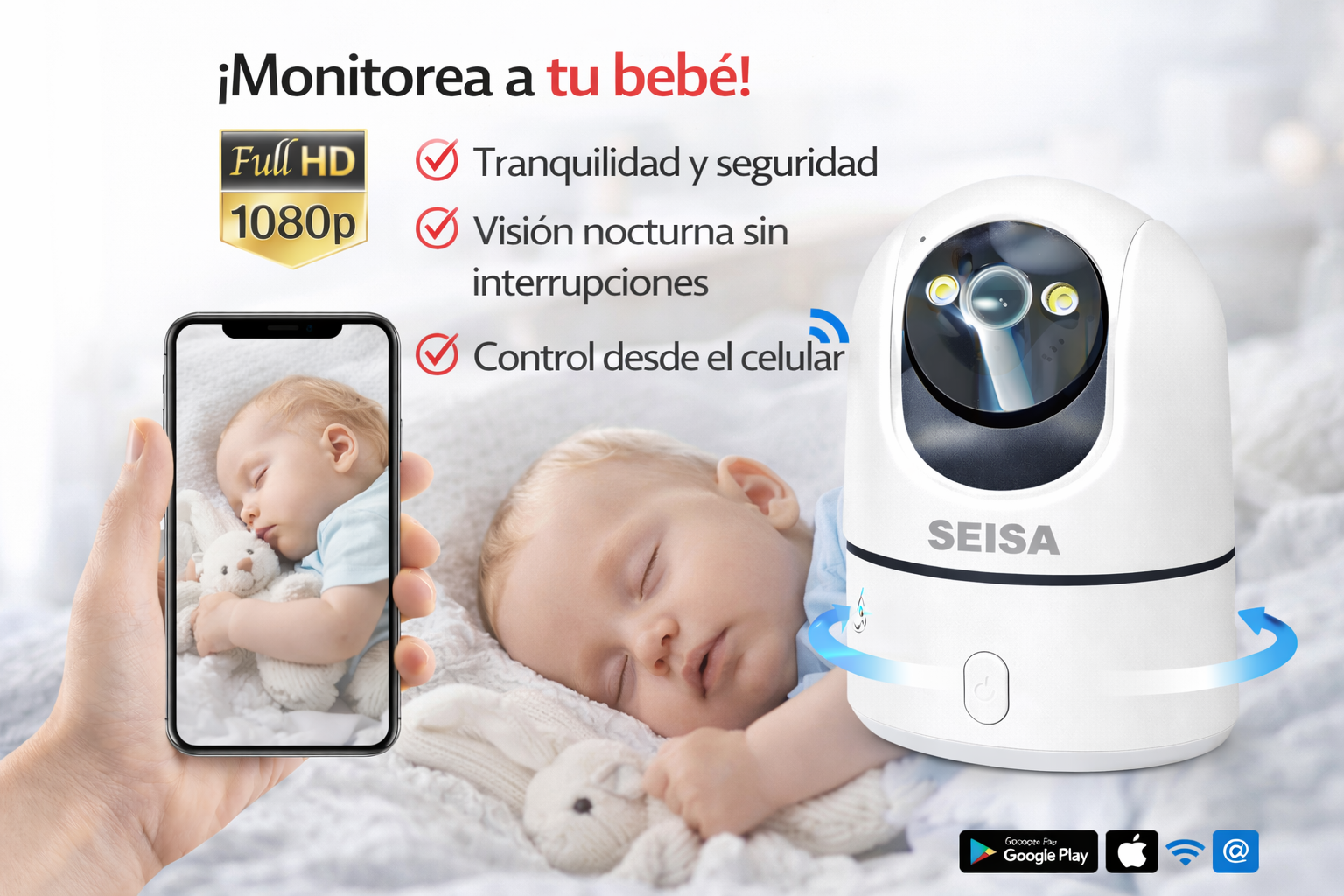 MONITOR DE BEBÉ WIFI CON CÁMARA 360° ROTACIÓN AUTOMÁTICA, VISIÓN NOCTURNA Y AUDIO BIDIRECCIONAL - 1