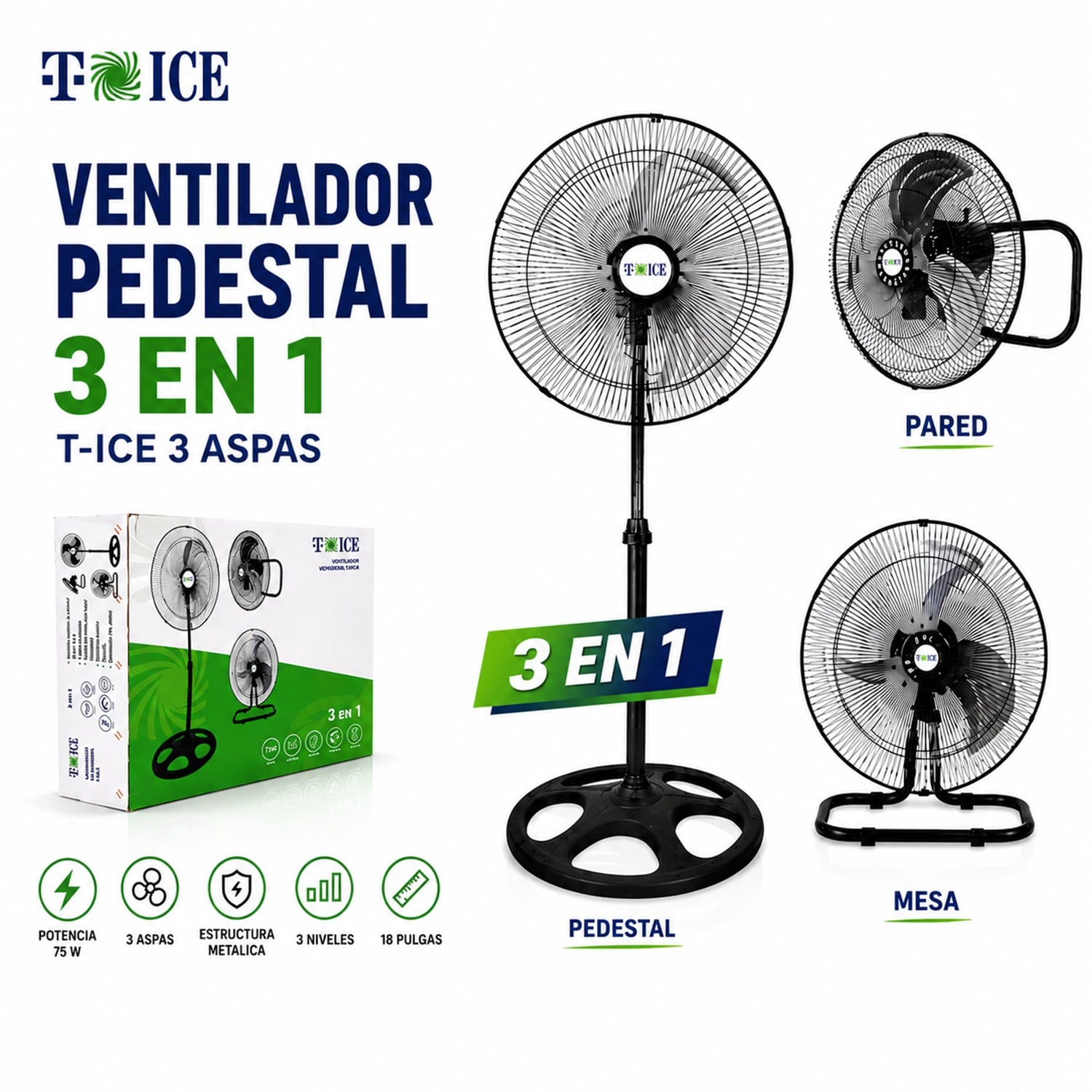 VENTILADOR 3 EN 1 MESA- PARED- PEDESTAL T-ICE 75 WATTS DE 3 ASPAS - 1