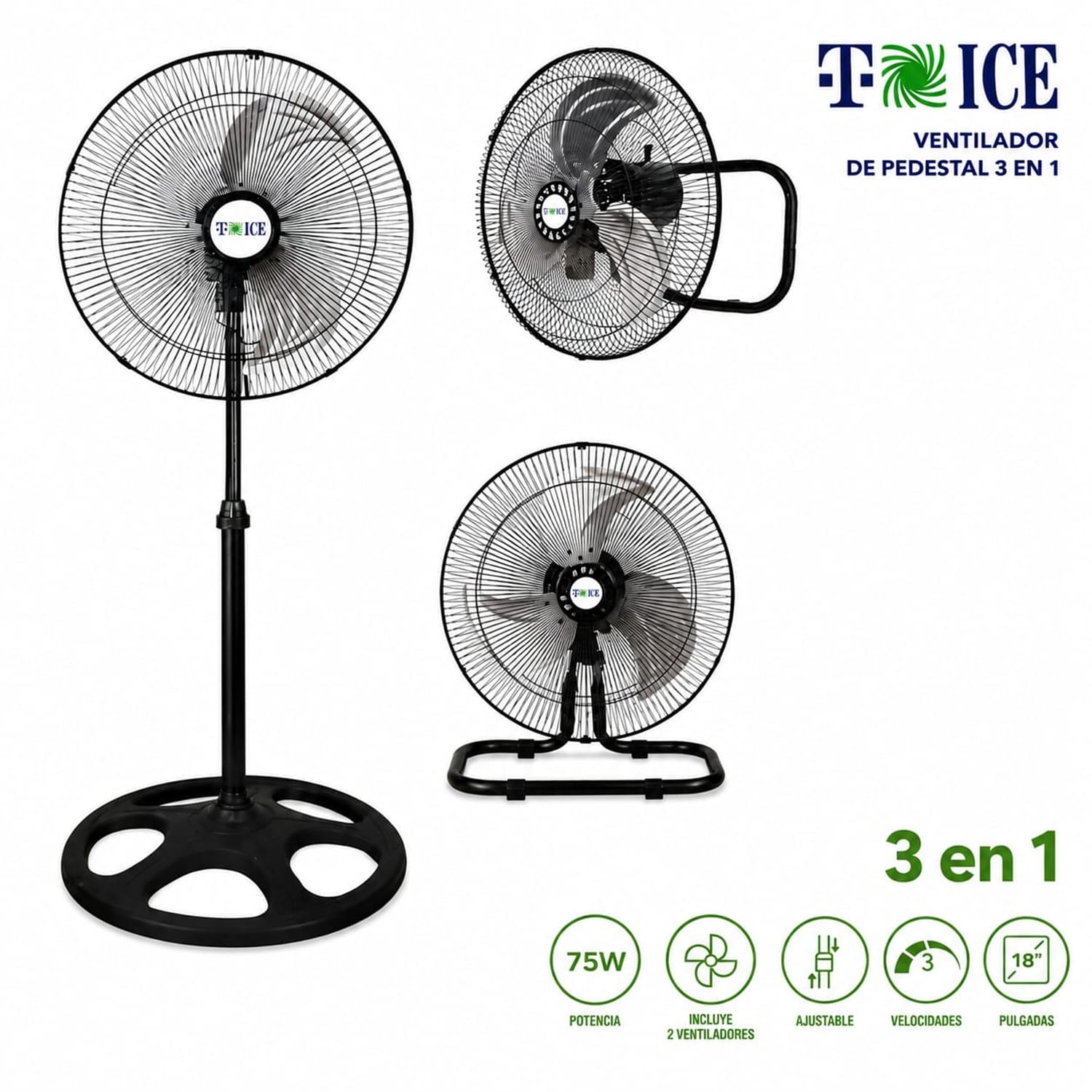 VENTILADOR 3 EN 1 MESA- PARED- PEDESTAL T-ICE 75 WATTS DE 3 ASPAS - 2