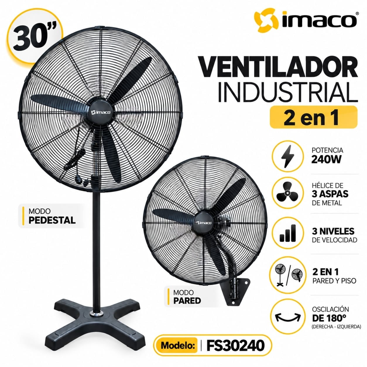 VENTILADOR INDUSTRIAL IMACO DE PARED Y PISO 30″ 240 WATTS FS30240 - 1
