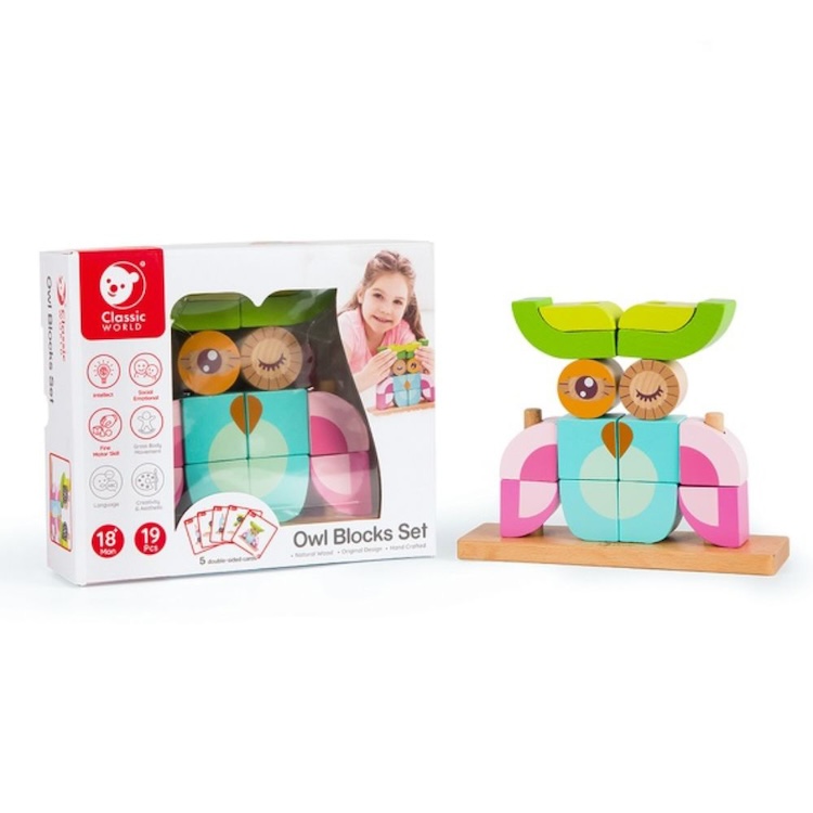 Classic World - Set Di Blocchi Owl Blocks In Legno Per Costruzioni Creative