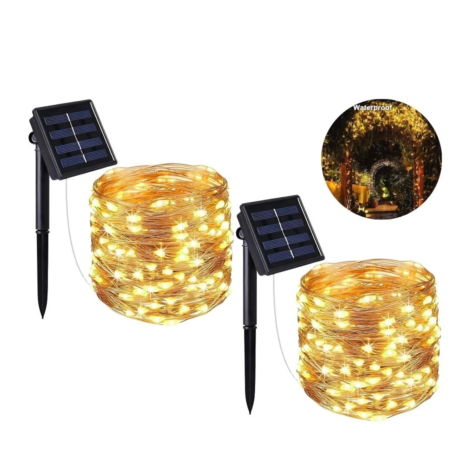 2 LUCES NAVIDEÑAS DECORATIVAS COLOR AMBAR CON PANEL SOLAR 10MTS - 1