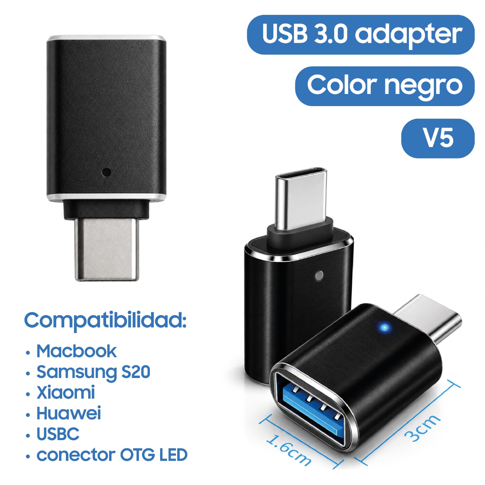 ADAPTADOR LED USB 3.0 A TIPO C OTG A USB C - 3