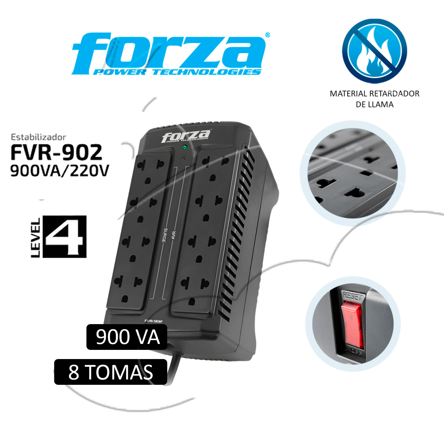 ESTABILIZADOR FORZA FVR-902 8 TOMAS 900VA/450W 220V - 2
